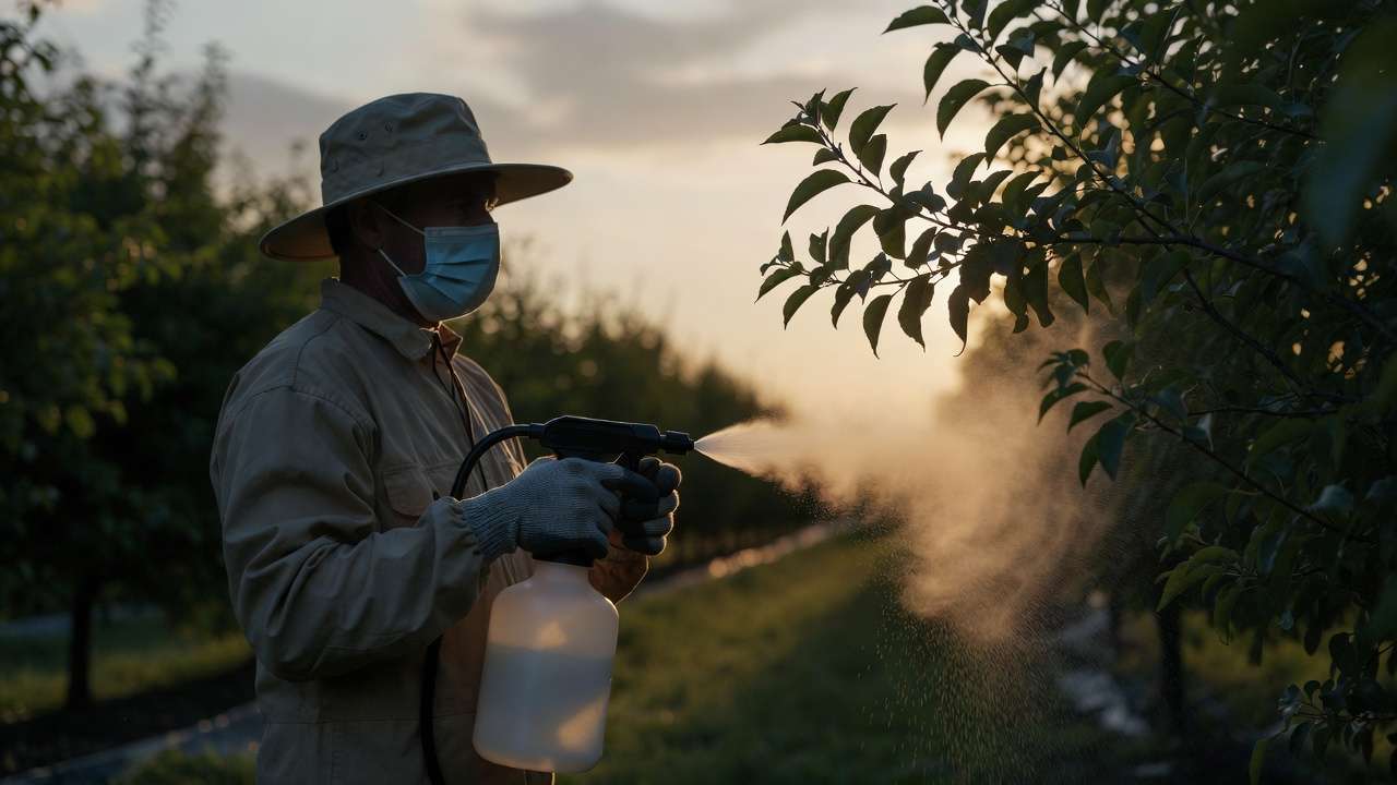 Gardener applying natural pyrethrin spray safely on fruit tree at dusk for effective pest control