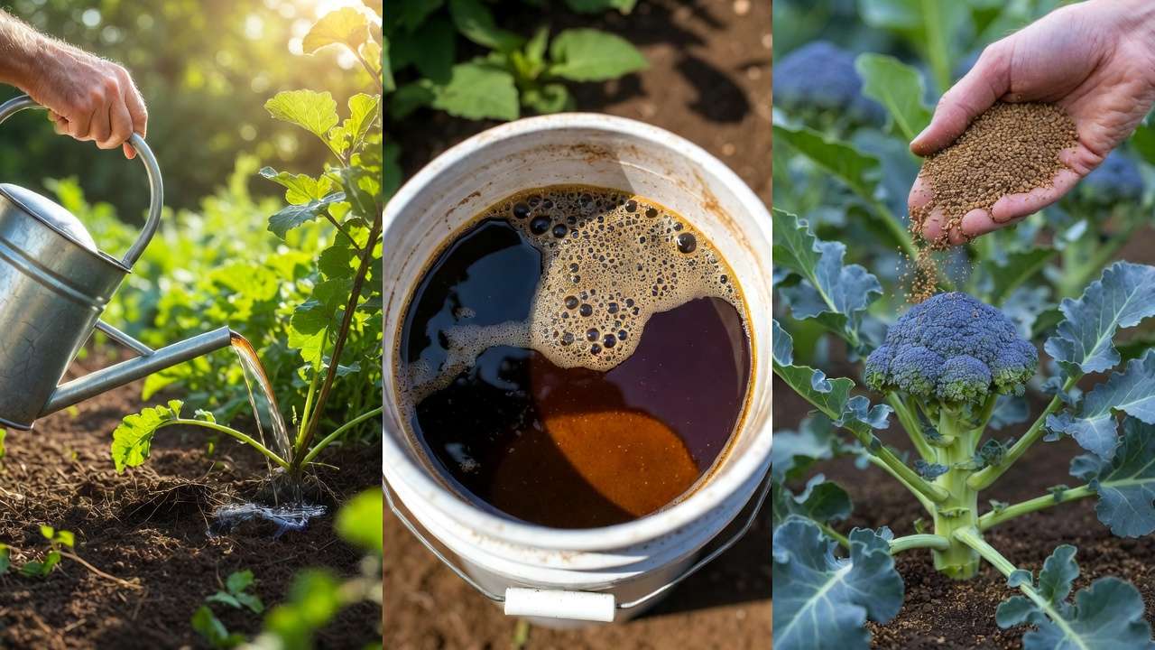 Three organic fertilizer application methods: liquid drench, aerated compost tea brewing, and granular side-dressing in garden