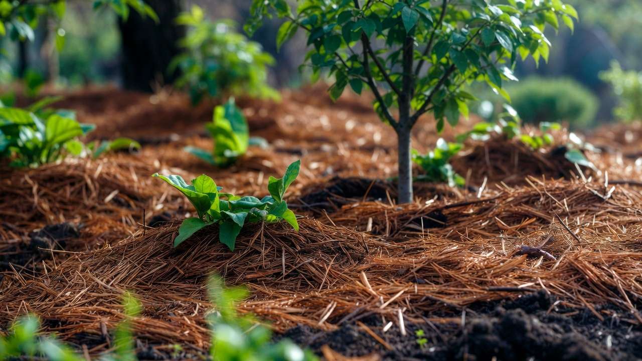 Mulched garden bed with organic amendments and healthy plants demonstrating water retention techniques.