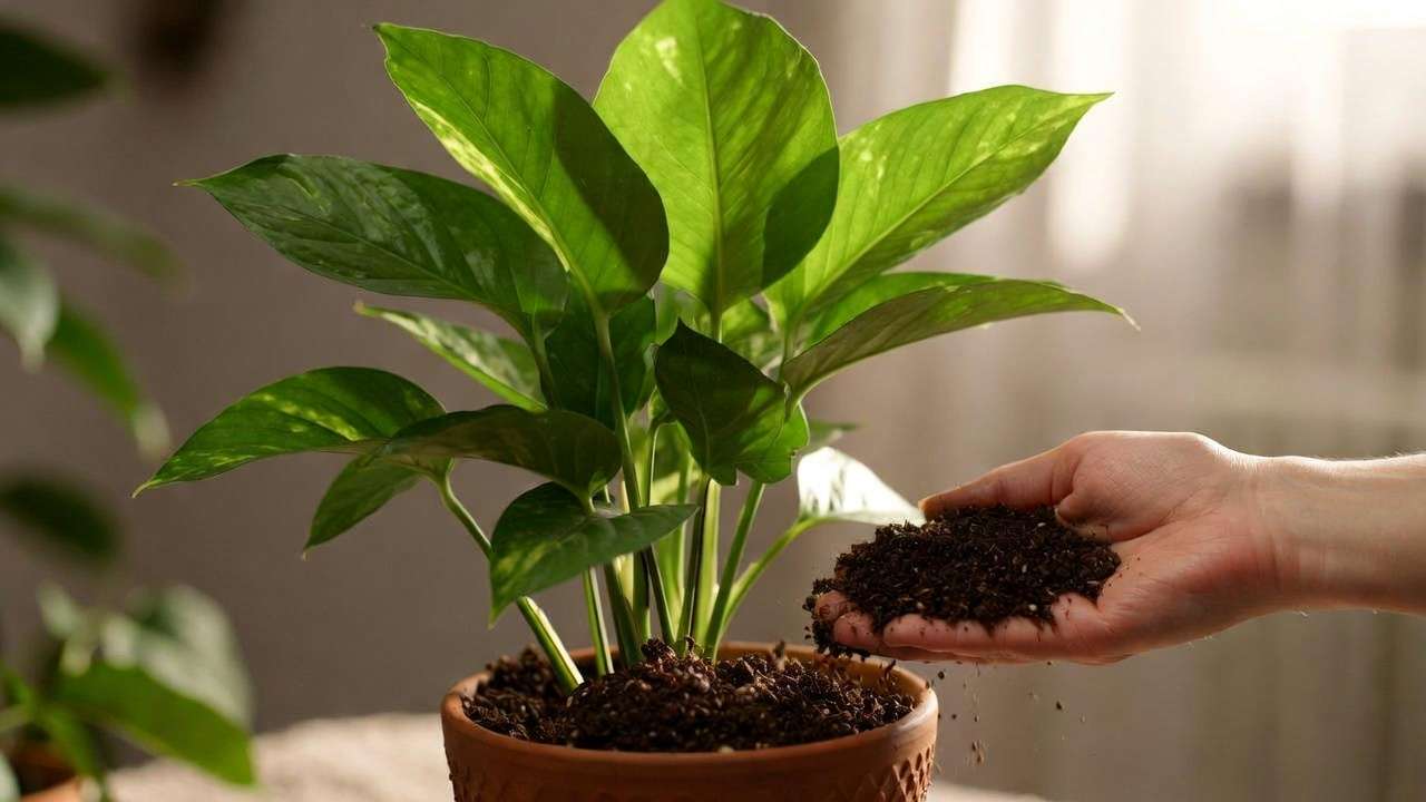Top-dressing houseplant with worm castings from odor-free vermicomposting for better plant growth