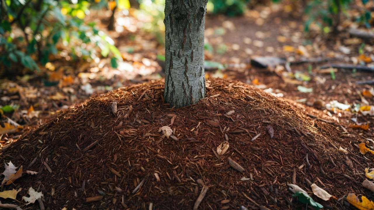 Young tree with proper mulch ring and clear trunk space for winter root protection
