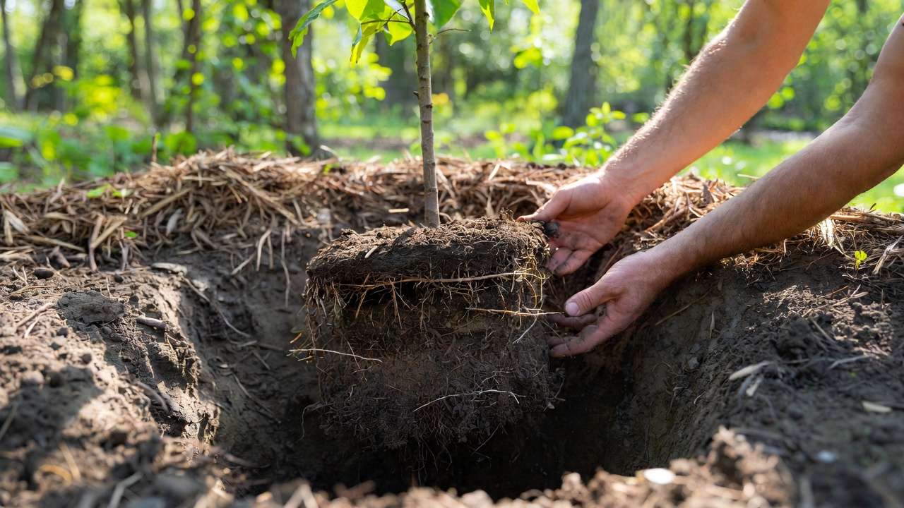 Correct tree planting showing exposed root flare and wide mulch ring