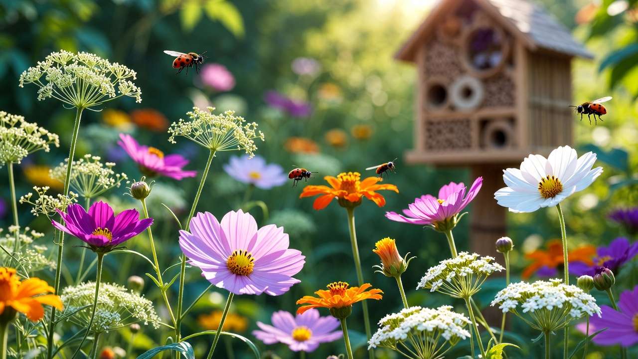 nsectary garden border with dill, marigolds, cosmos and yarrow attracting ladybugs, hoverflies, and beneficial wasps