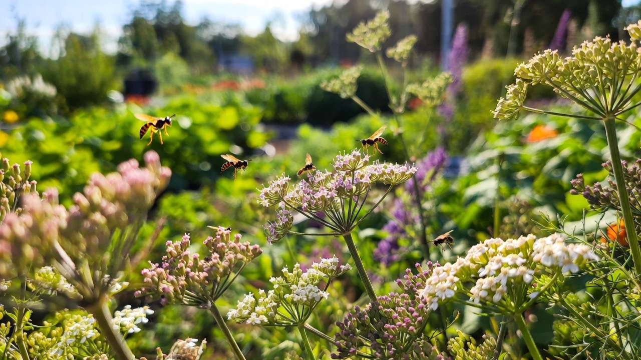 Parasitic wasps attracted to blooming dill fennel and yarrow flowers in organic garden for natural caterpillar pest control.