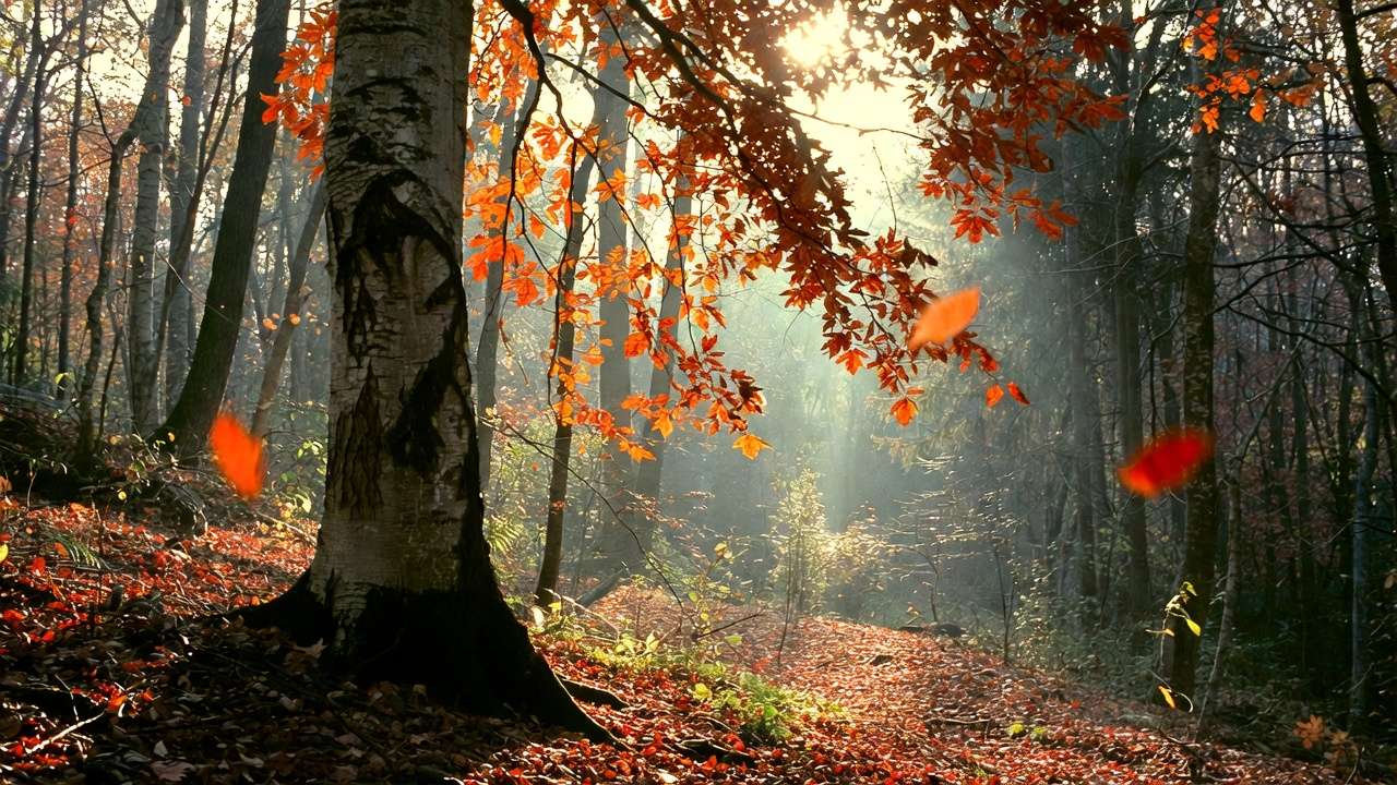Autumn tree with falling colorful leaves, depicting slowdown in sap flow during seasonal changes.