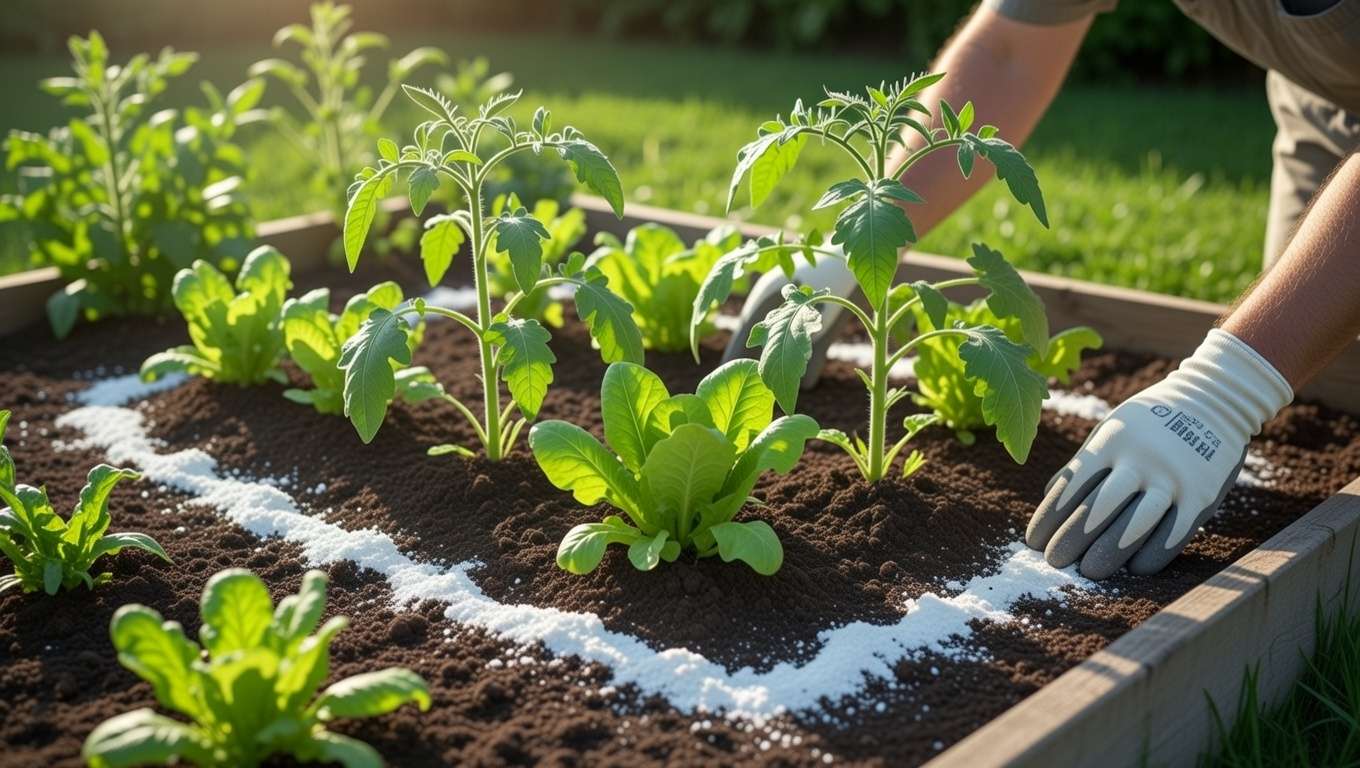 Applying diatomaceous earth barrier around vegetable plants for slug and snail control