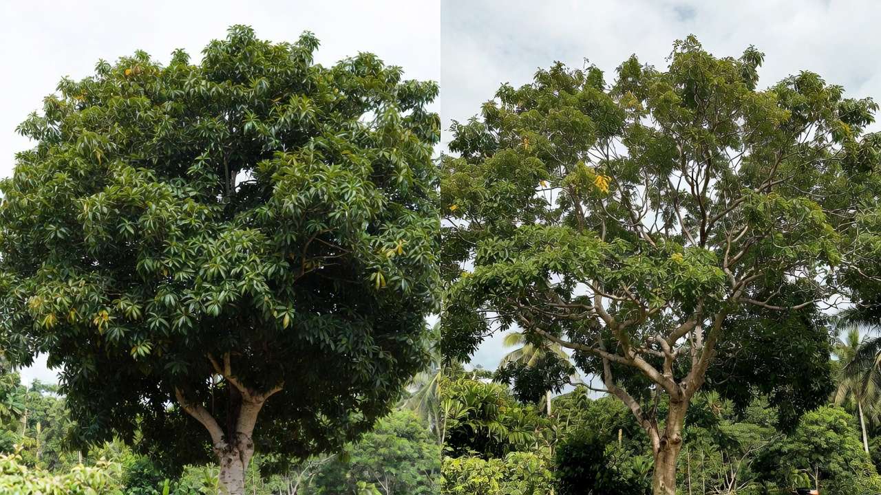 Before and after crown thinning comparison – dense vs open airy mango tree canopy