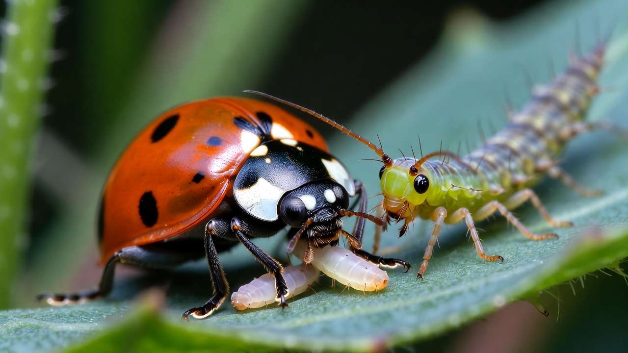 Ladybug and lacewing larva preying on whitefly nymphs in organic garden biological control