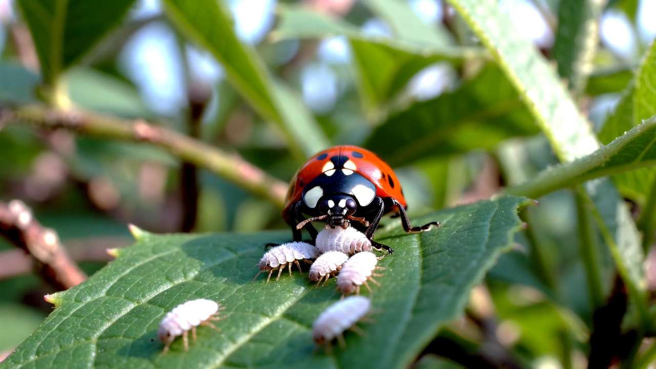 Ladybug predator eating mealybugs as natural biological control on plant leaf
