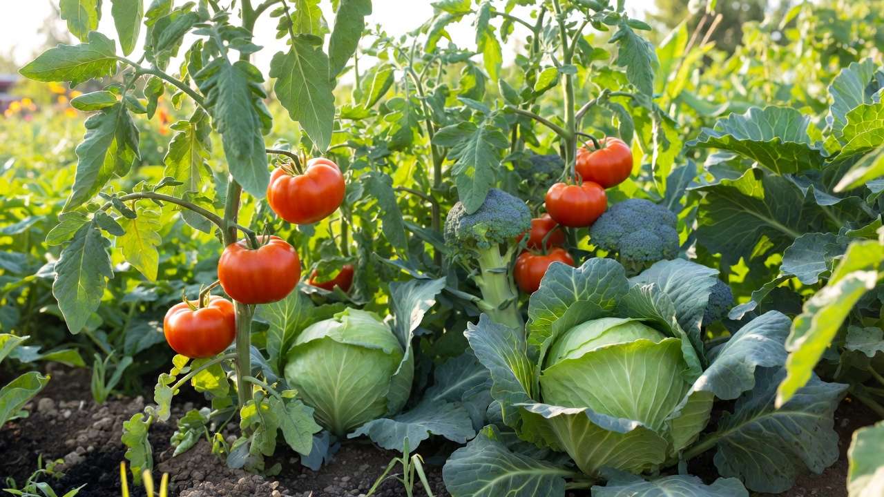 Healthy vegetable garden with tomatoes and brassicas thriving after soil pH adjustment