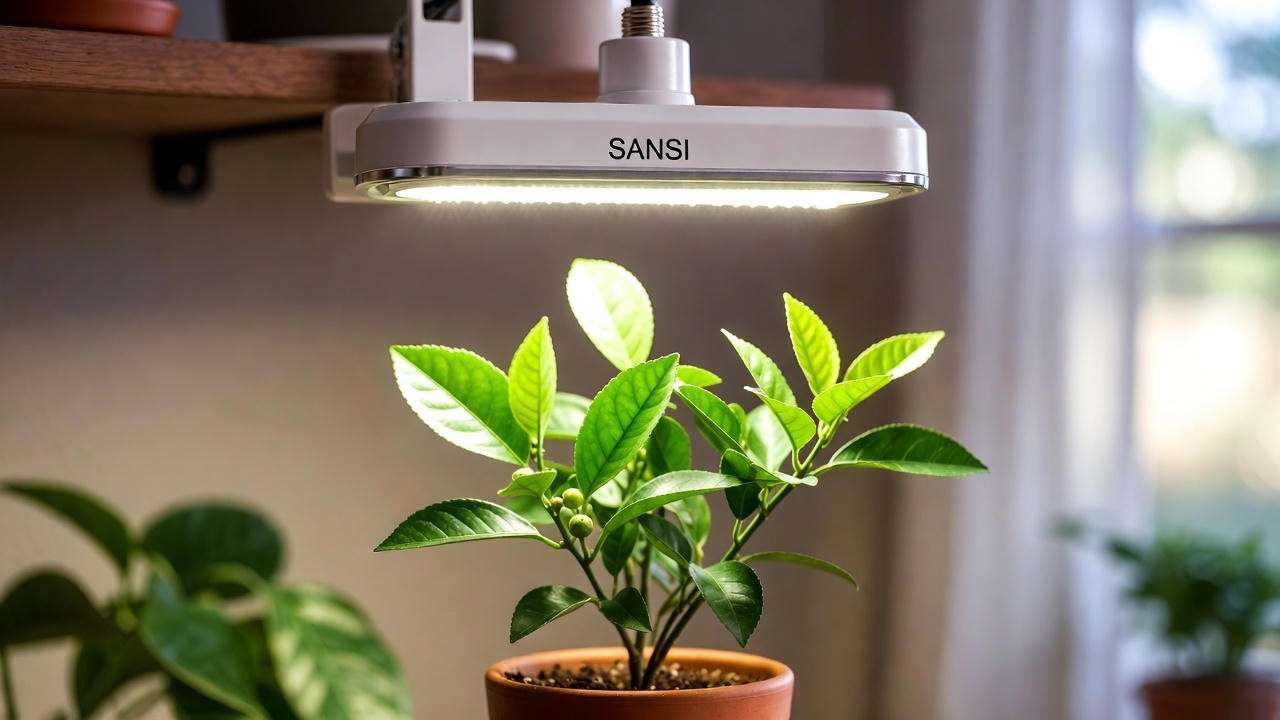Budget SANSI grow bulb lamp lighting small Meyer lemon tree indoors.