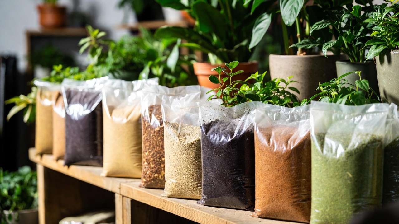 Best commercial peat-free potting mixes on display with healthy plants, sustainable alternatives for container gardening in 2025