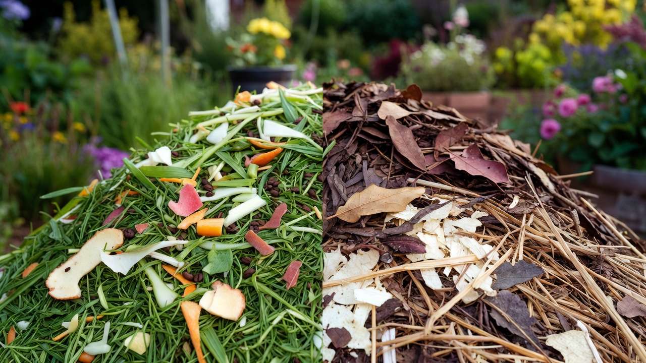 Balanced green vs. brown materials in compost pile showing fresh greens like vegetable scraps and grass clippings next to dry browns like leaves and wood chips in garden setting