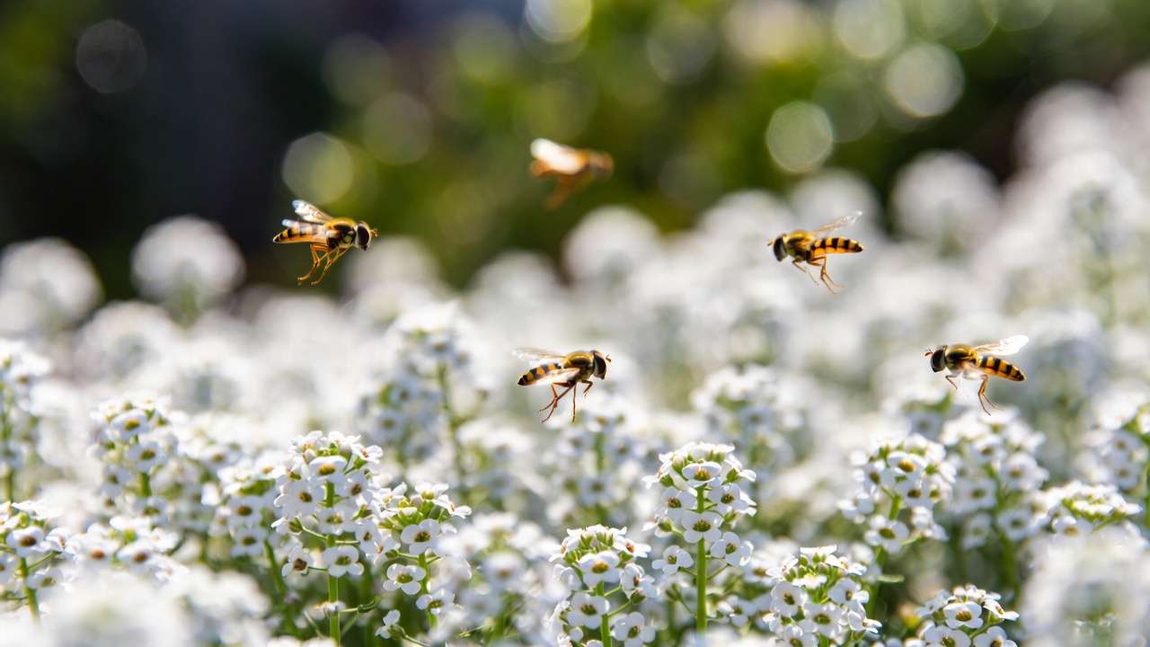 Sweet alyssum flowers attracting hoverflies in a garden border for season-long nectar and pollination.