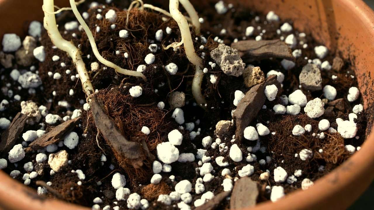 Close-up of aerated DIY potting soil mix with perlite, pumice, bark, and visible air pockets for better root health