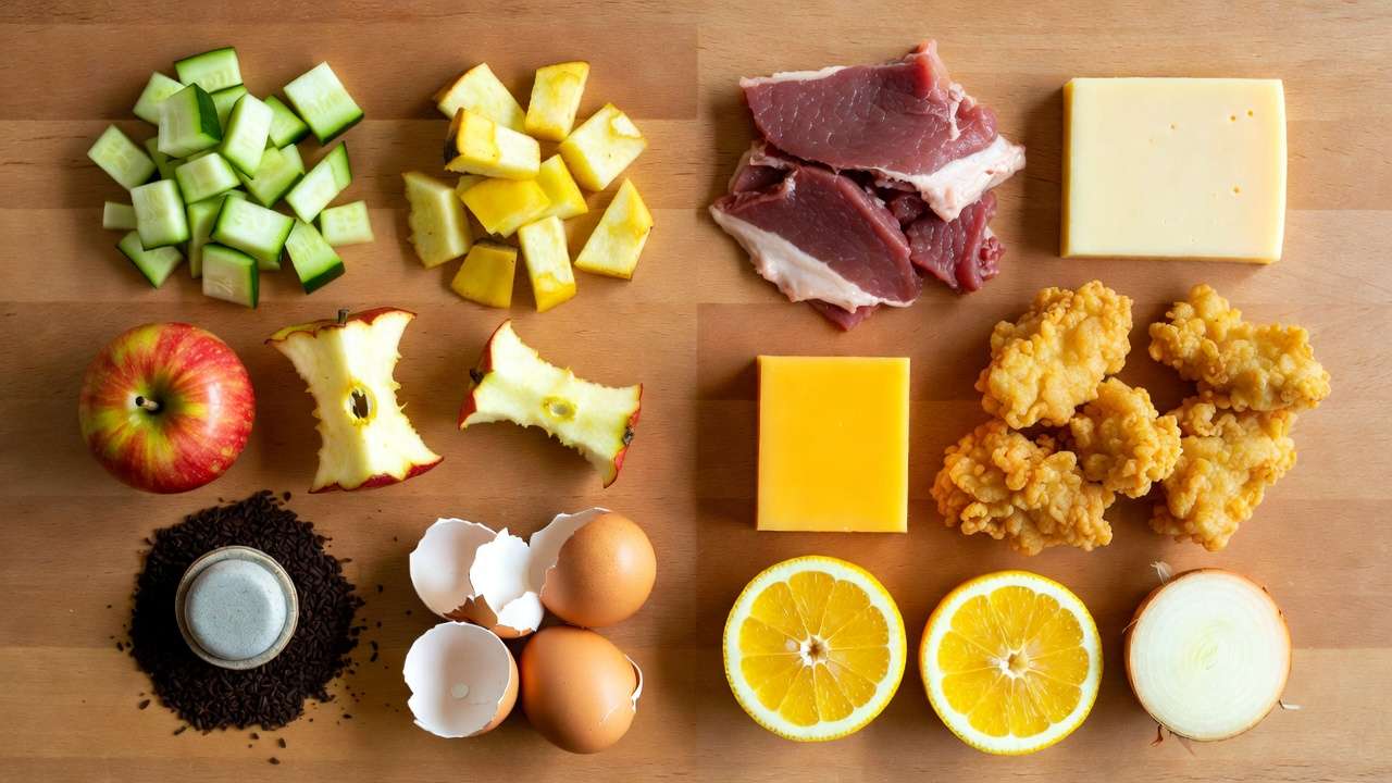 Kitchen scraps safe for worms including veggie peels, coffee grounds, eggshells versus foods to avoid like meat, dairy, and citrus