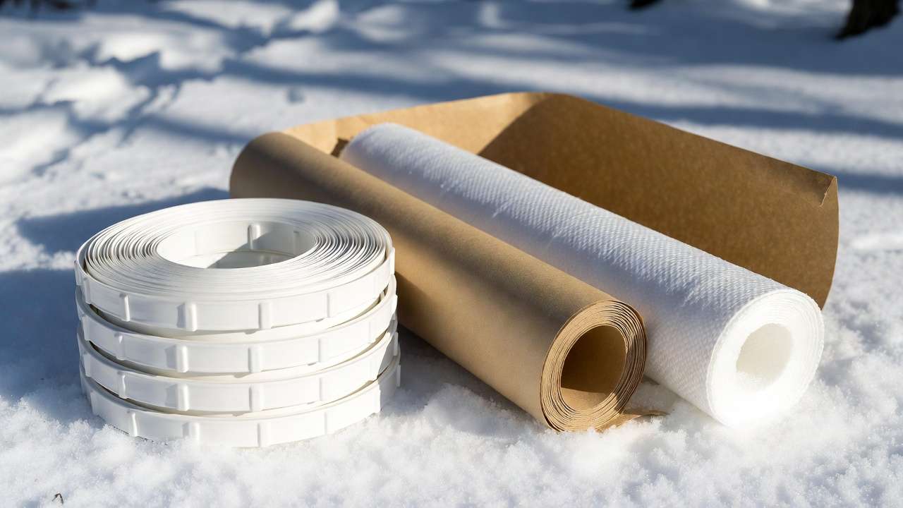 Comparison of best tree trunk wrapping materials: white spiral plastic guard, Kraft paper wrap, and polypropylene fabric for winter protection
