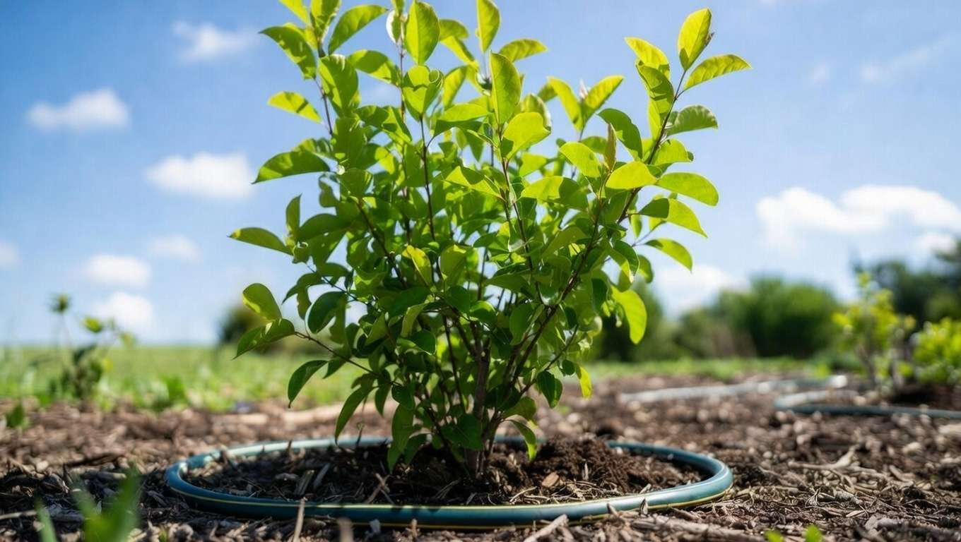 Soaker hose deep watering method around tree drip line with mulch for efficient summer hydration