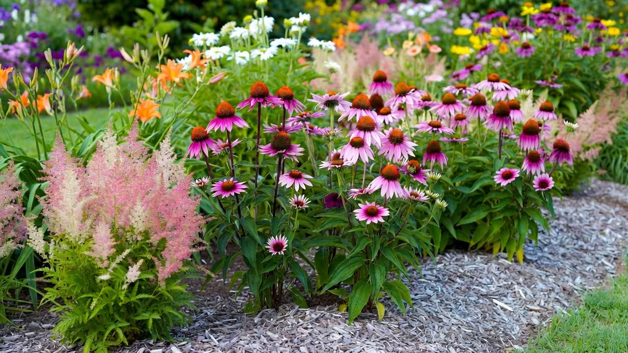 Healthy blooming perennials and flowers thriving in naturally amended clay soil garden