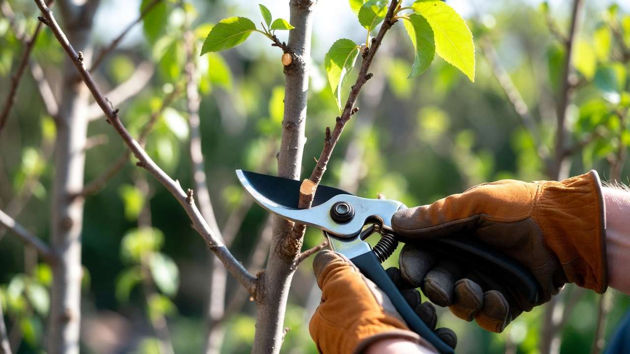Correct pruning technique showing cut just outside the branch collar on a healthy tree branch.