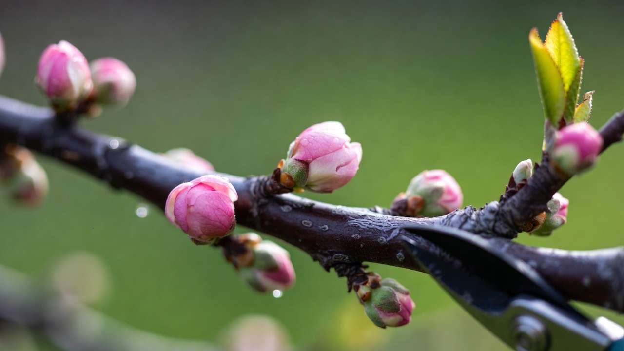 Early spring stone fruit tree branch with swelling buds ideal for open-center dormant pruning