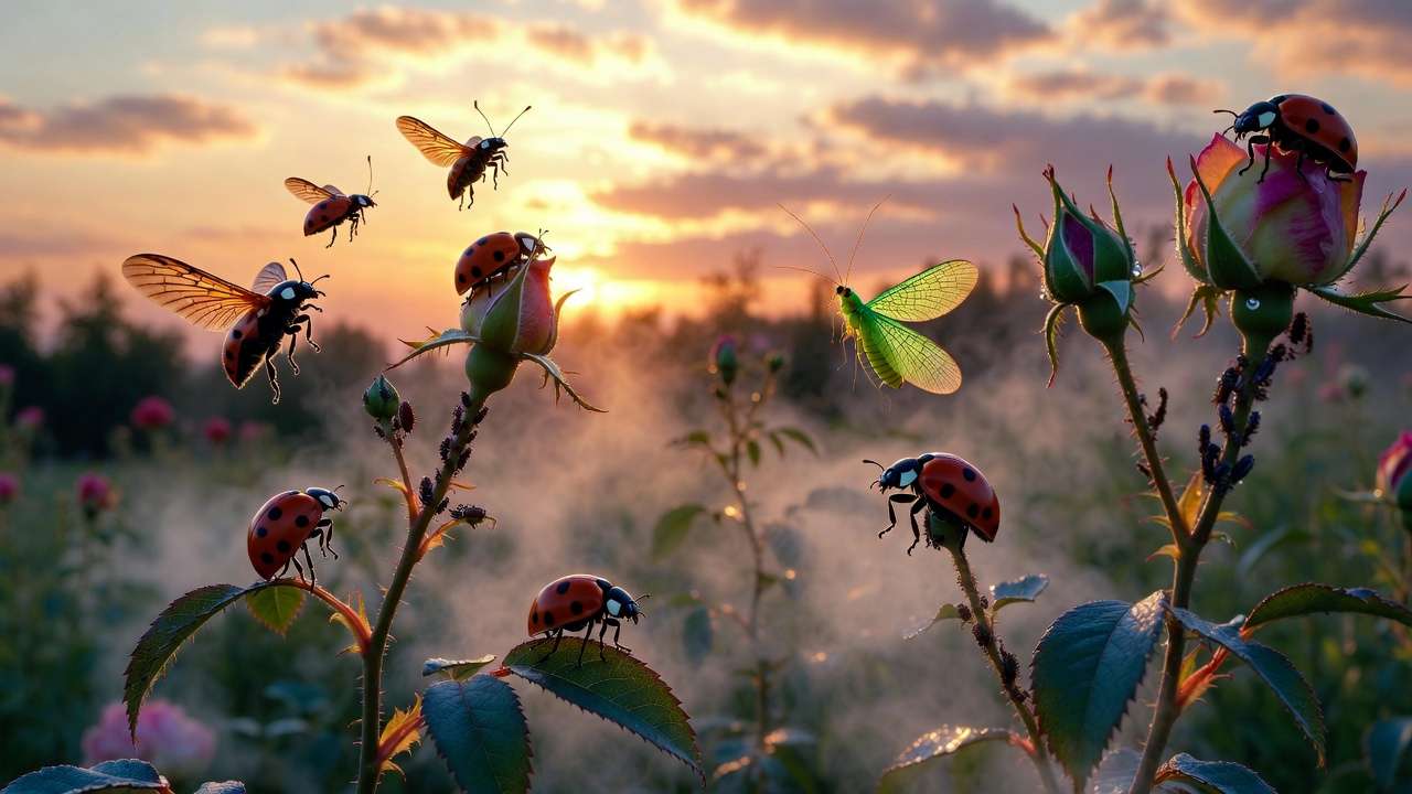 Ladybugs and lacewings being released at dusk on dewy garden plants for optimal beneficial insect establishment
