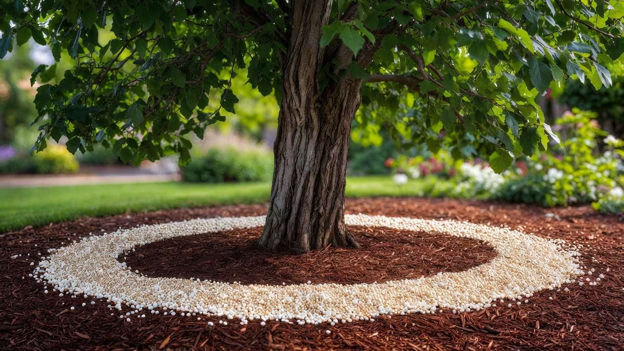 Mature oak tree with slow-release fertilizer granules applied around base on mulched soil for healthy growth