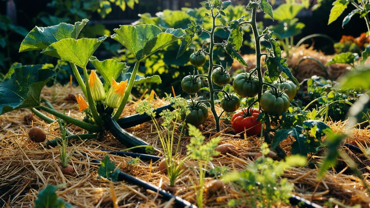 Well-mulched organic vegetable garden bed with zucchini, tomatoes, and carrots thriving under straw mulch in summer sunlight
