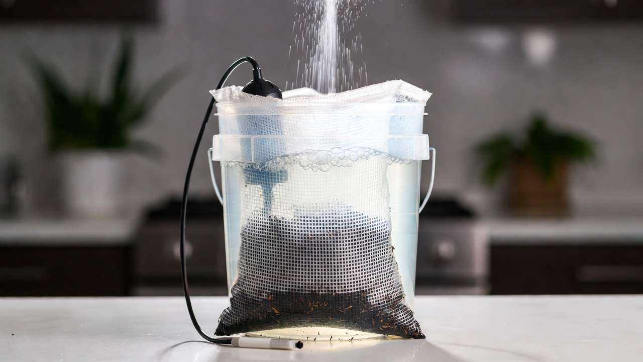 Aerated worm tea brewing from vermicompost for houseplant fertilizer