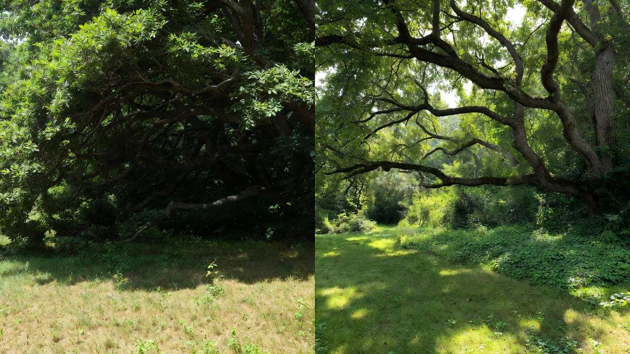 Before and after tree canopy thinning comparison: dense shade vs dappled light with healthy lawn revival
