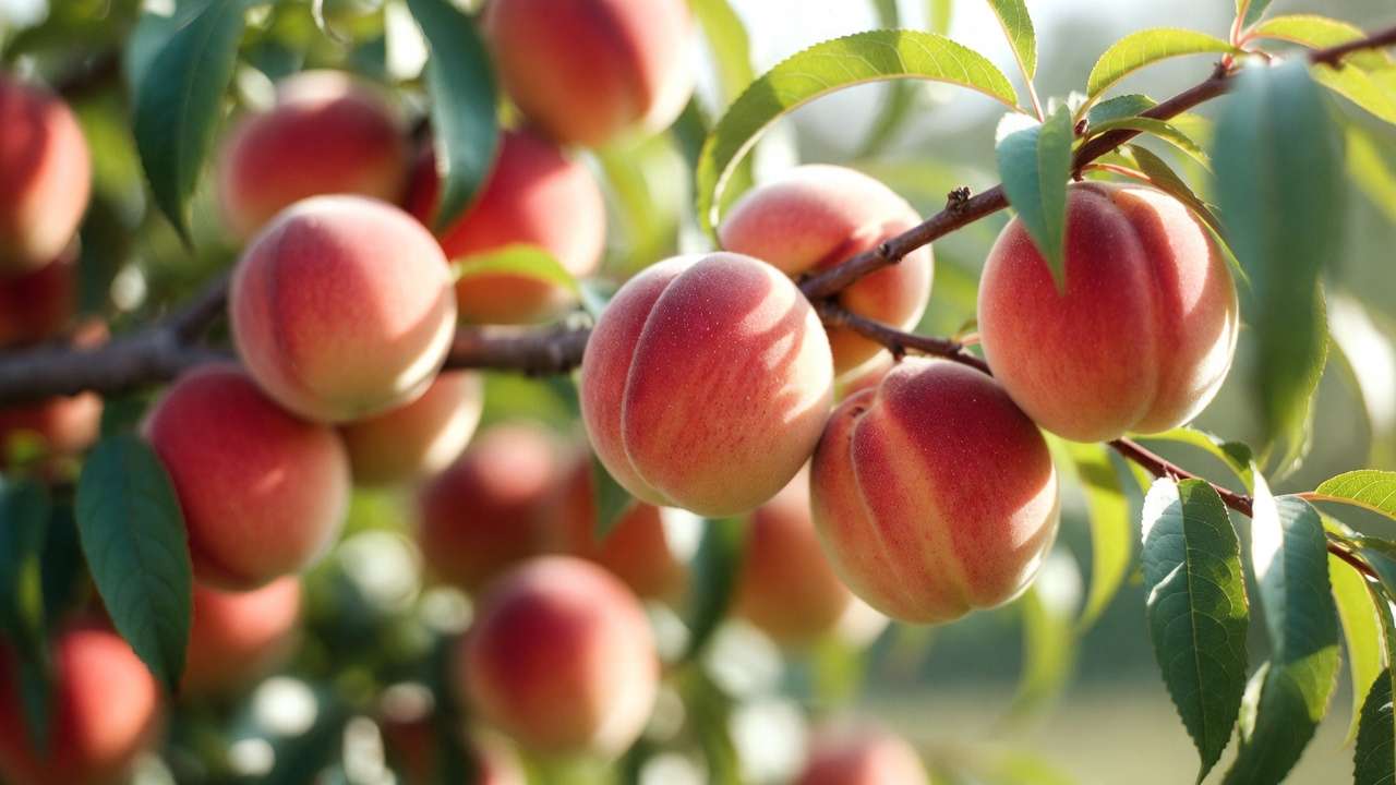 Ripe juicy peaches with red blush on pruned peach tree branch after summer care