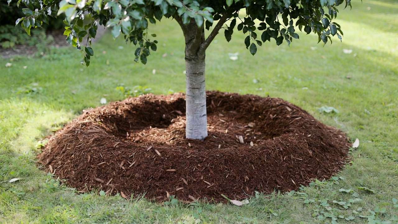 Tree with proper mulch ring for moisture retention and deep root health