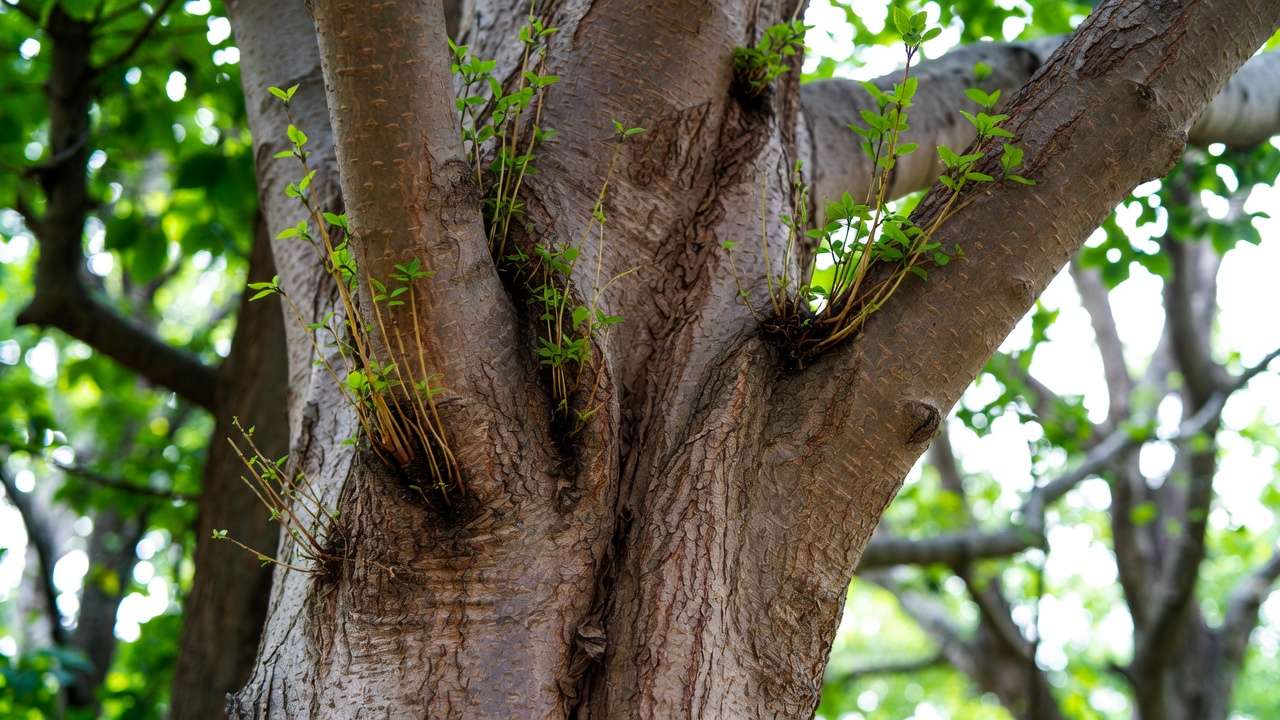 Tree trunk with epicormic water sprouts and suckers as sign of stress