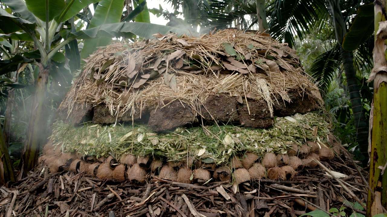Layered home compost pile with greens and browns properly alternated in a tropical garden setting