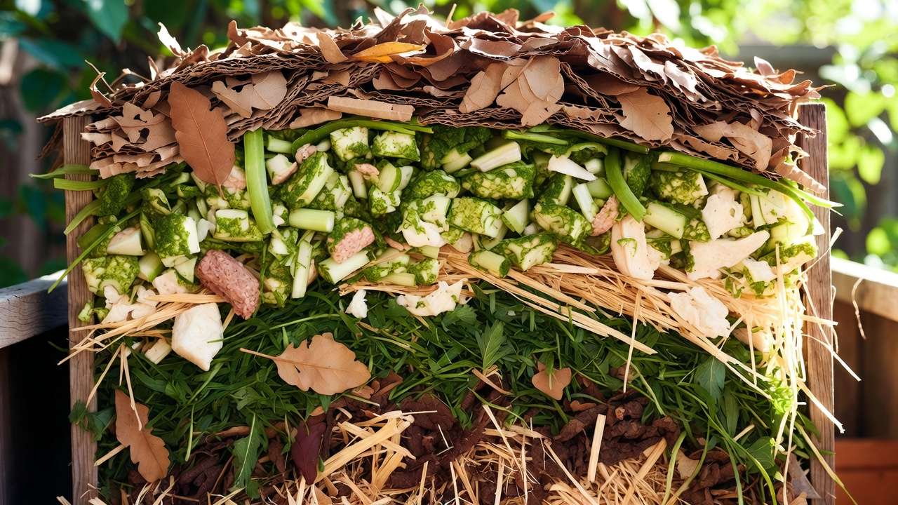 Layered compost pile with balanced greens and browns for proper moisture distribution