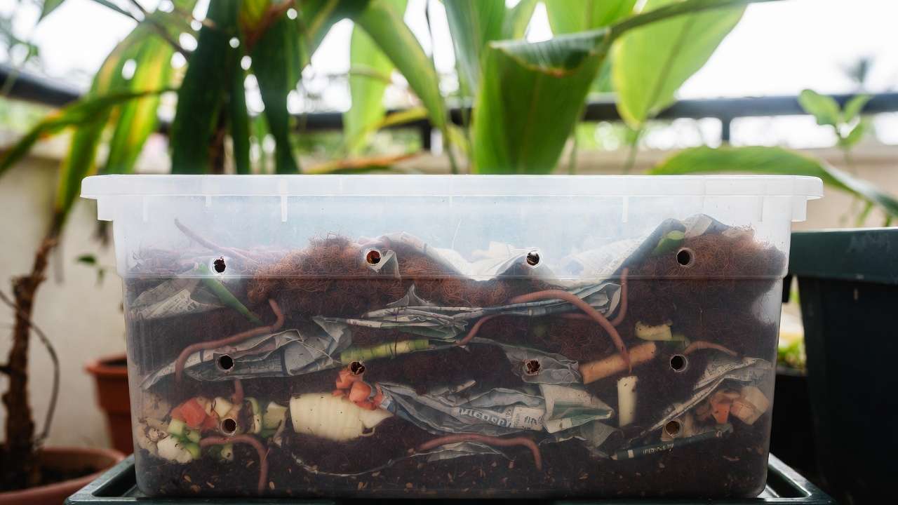 DIY plastic tote worm bin setup with bedding and red wigglers for beginner vermicomposting
