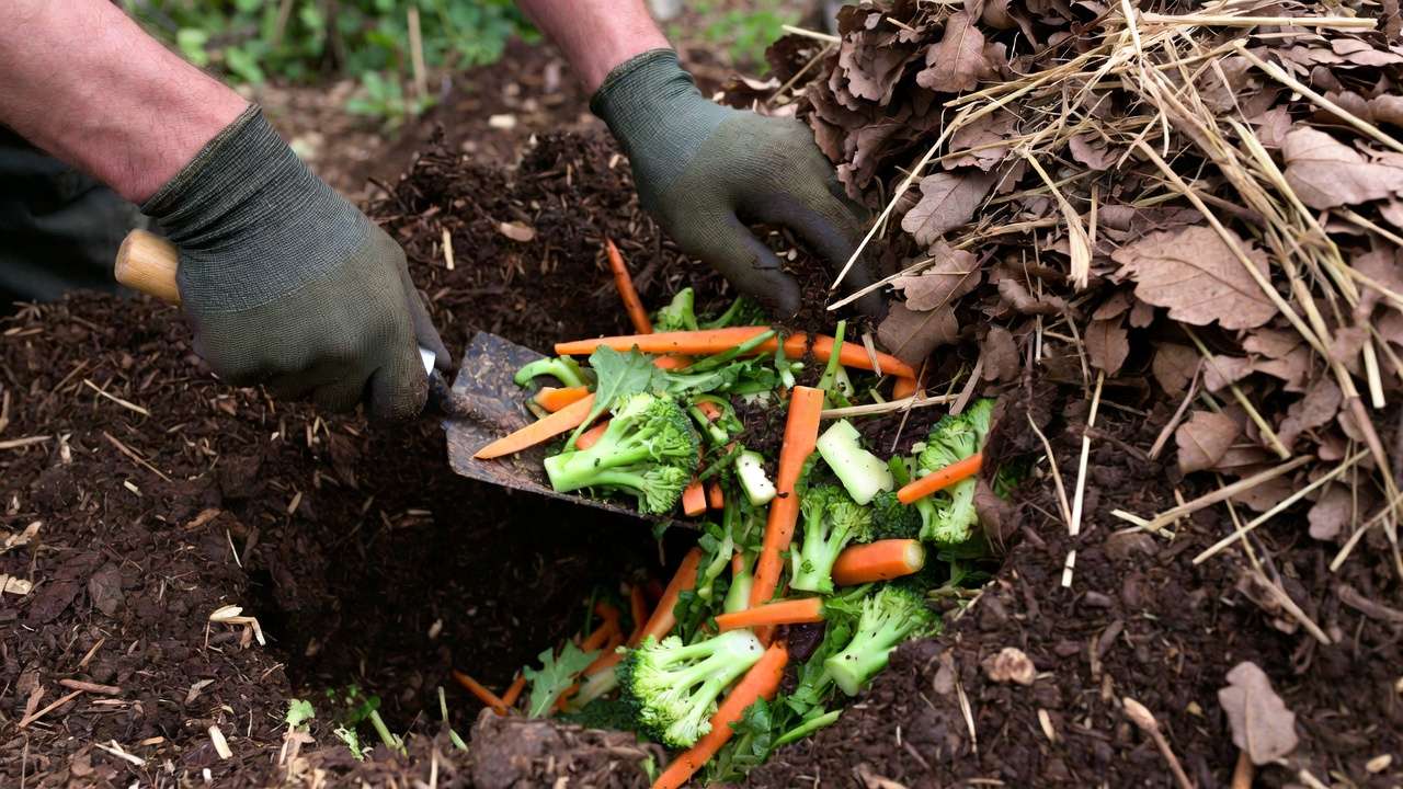 Gardener burying kitchen scraps deep under brown materials to prevent fruit flies in compost