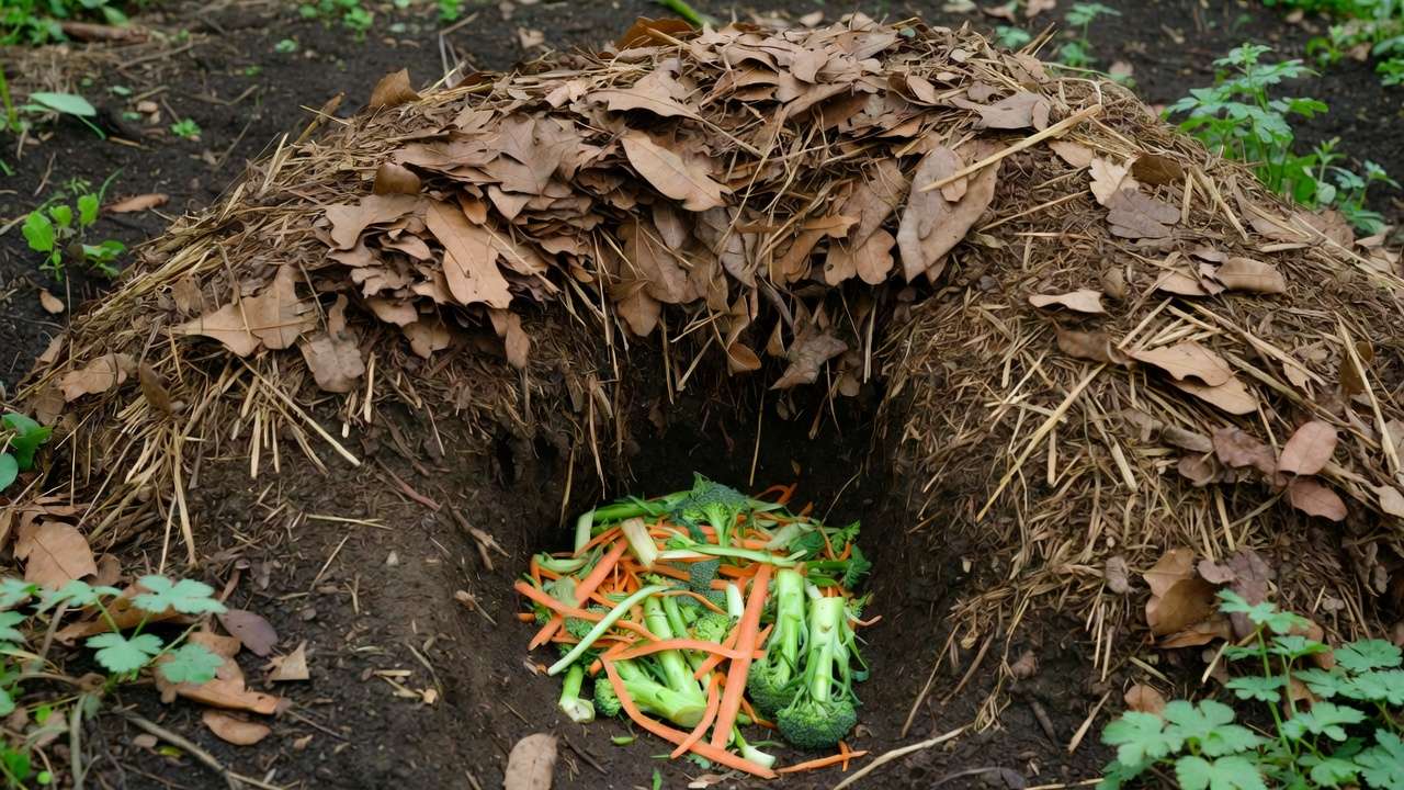 Burying kitchen scraps deep in compost pile and covering with browns to prevent odors and flies in home composting.