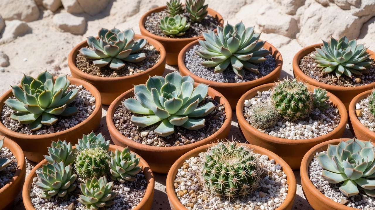 Succulents and cacti in well-draining peat-free potting mix with perlite and sand, perfect for drought-tolerant plants
