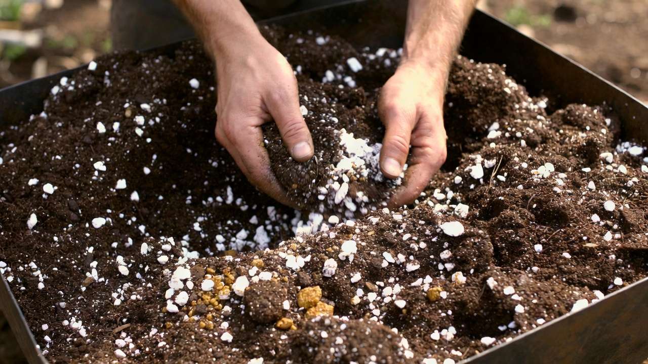 Hands mixing perlite and vermiculite into potting soil for balanced custom plant mix