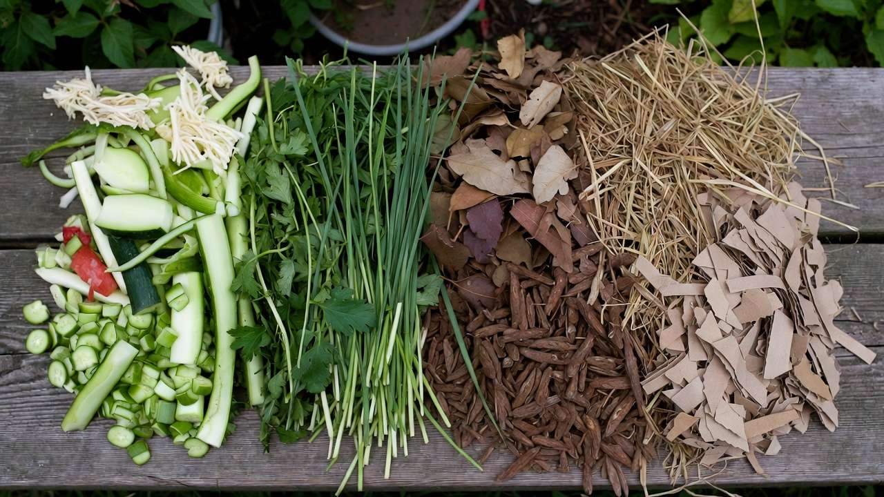 Balanced green and brown materials for optimal carbon-to-nitrogen ratio in composting