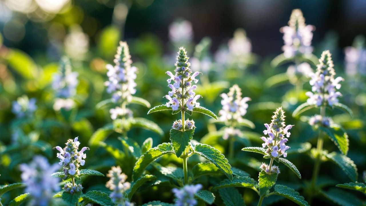 Close-up of catnip plant leaves and flowers, top natural mosquito repellent herb in garden
