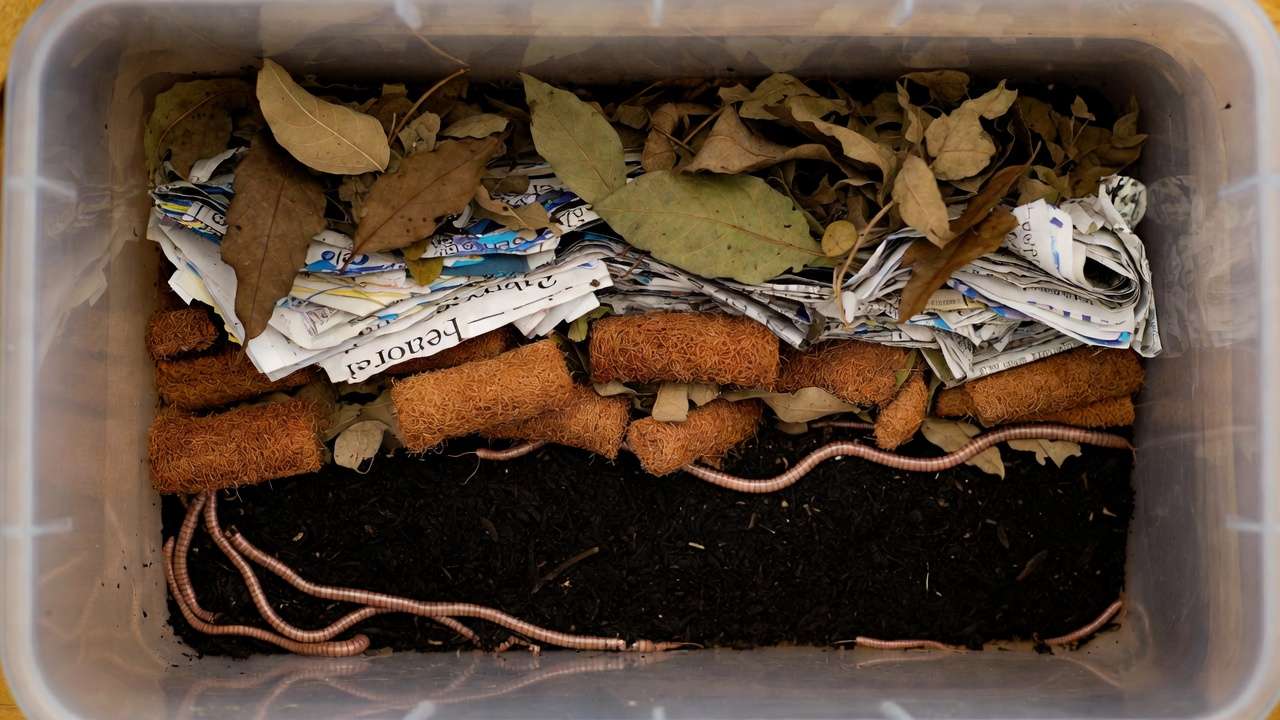 Properly prepared moist bedding layers in a new worm bin setup for balanced vermicomposting