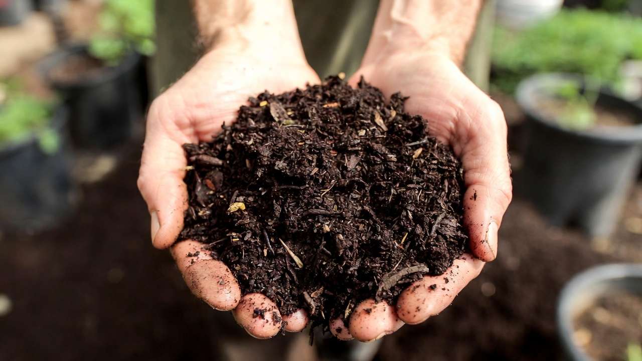 Close-up of rich finished compost in hands for homemade potting mix