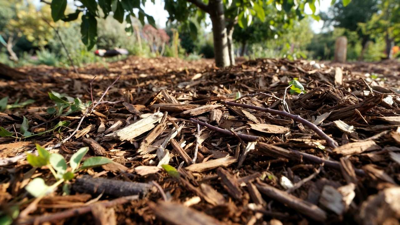 Ramial chipped wood mulch from fresh fruit tree prunings applied around tree base for nutrient recycling and soil health