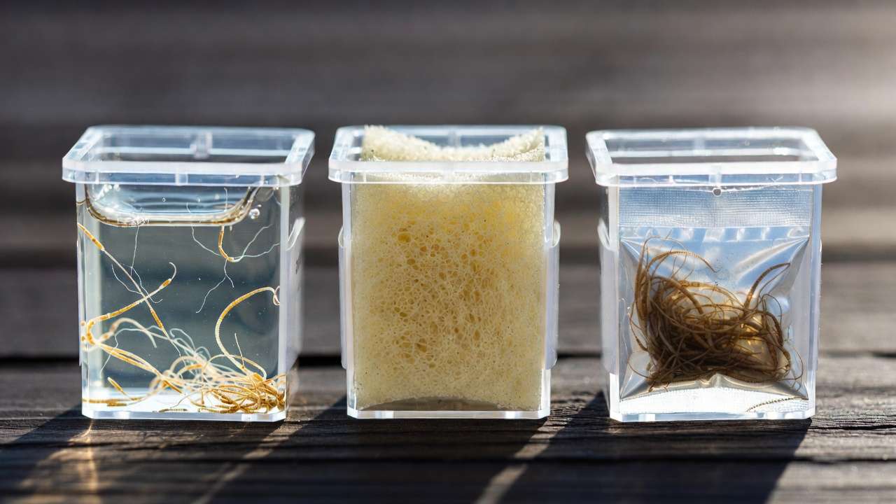 Beneficial nematodes in commercial packaging and water suspension ready for garden application