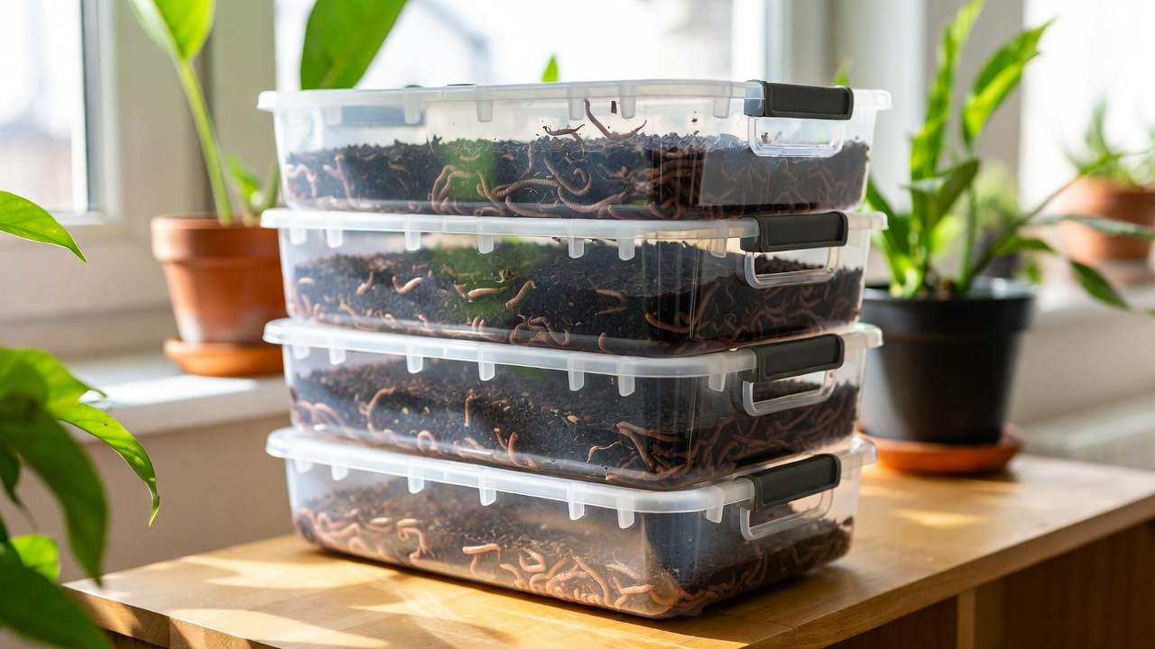 Stackable tray worm bin system for indoor vermicomposting in apartment setting
