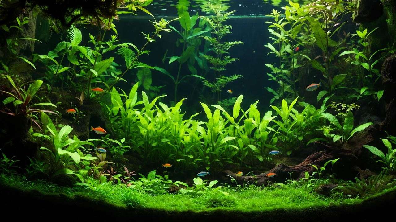 Dutch style aquascape with Lobelia cardinalis cardinal plant streets in midground