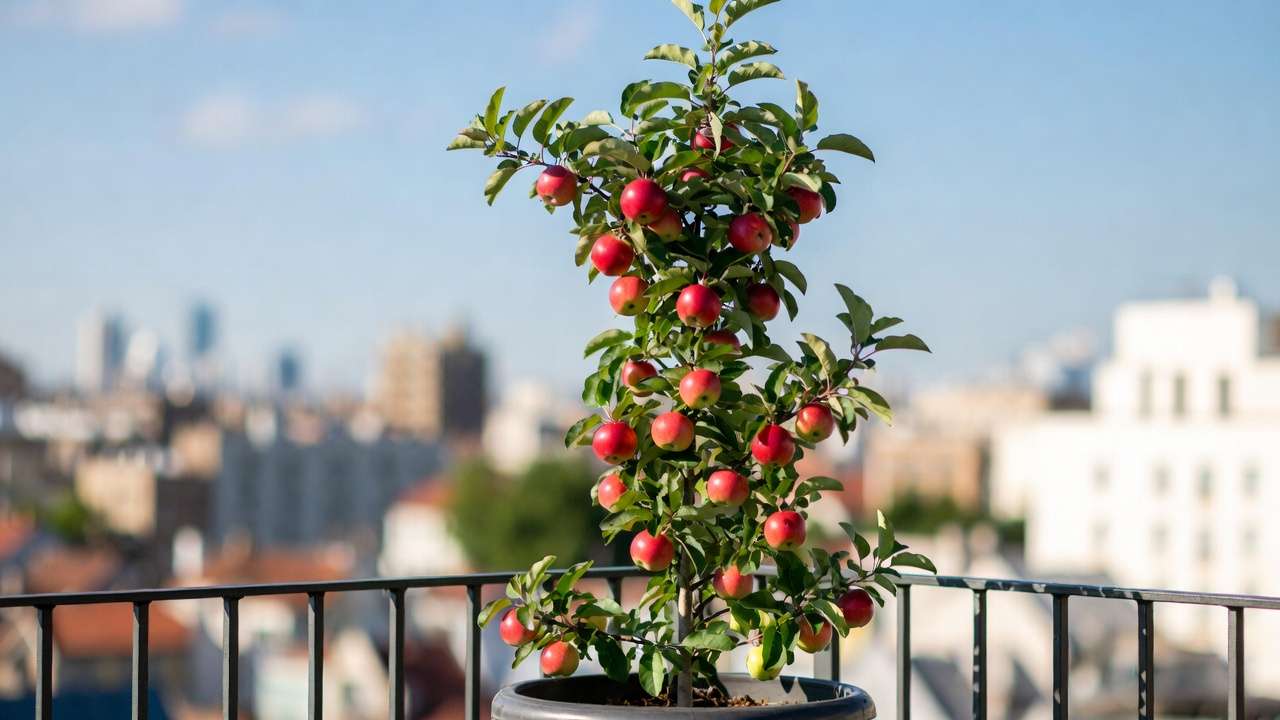 Columnar dwarf apple tree in pot with ripe apples perfect for balcony city gardens