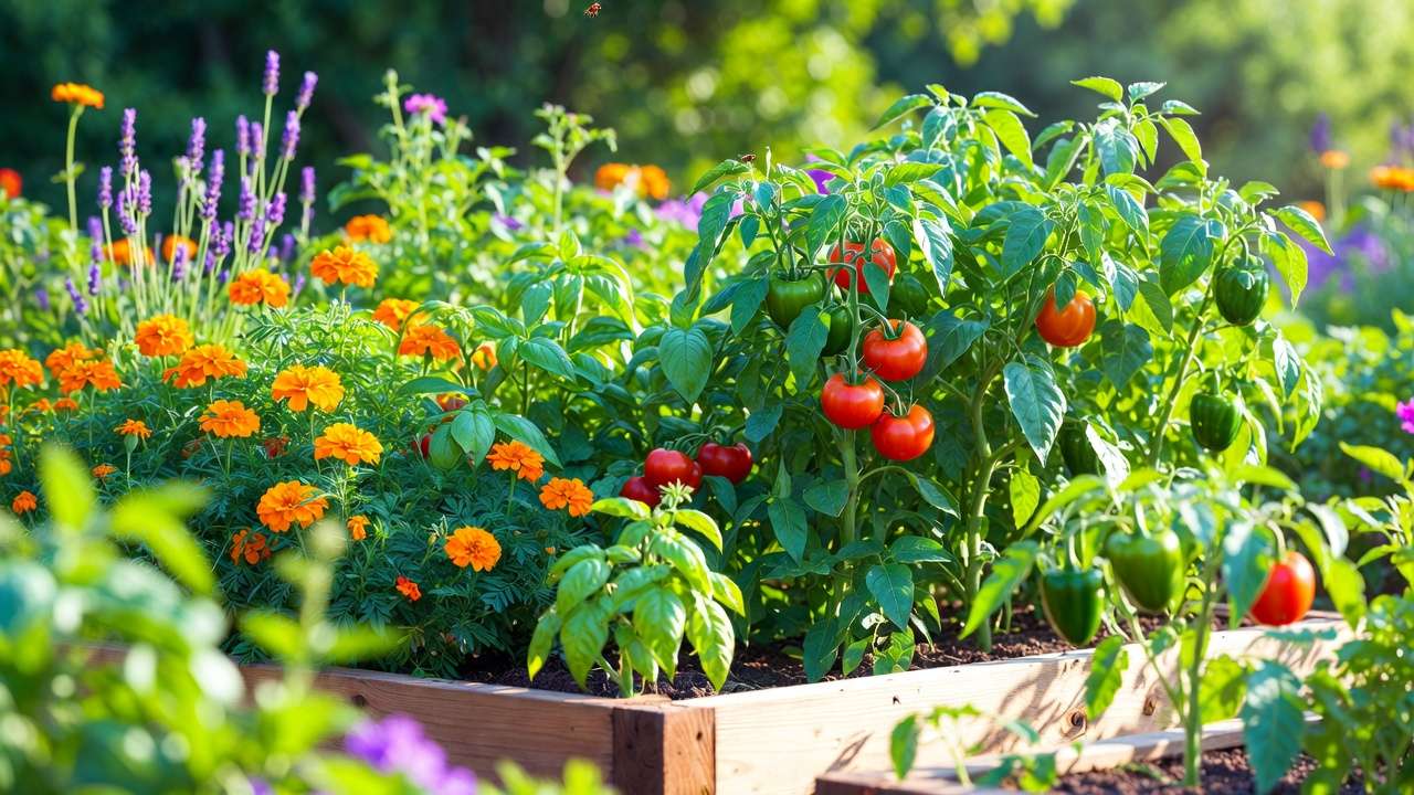 Companion planting with marigolds basil and lavender protecting vegetables in an organic garden